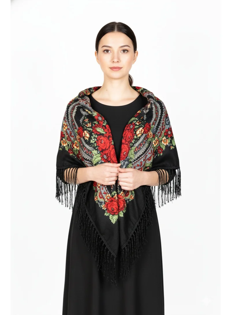 بيداني شال أسود فخم بنقش بافلوفوف الكلاسيكي